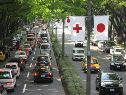 赤十字思想誕生150周年　表参道の赤十字旗